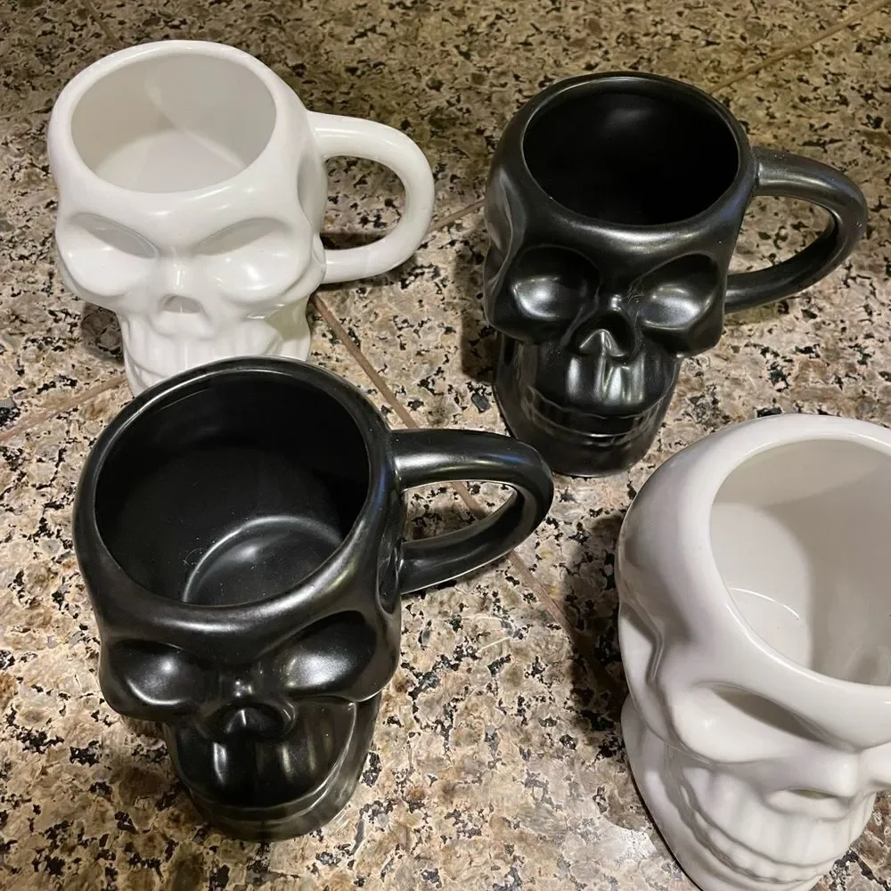 Hyde and EEK Stoneware Skull Mugs  Set of 4 with 3 Shot Glasses